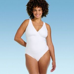 Lands' End - Women's Ribbed V-Neck One Piece Swimsuit white NWT sz LRG 12-14